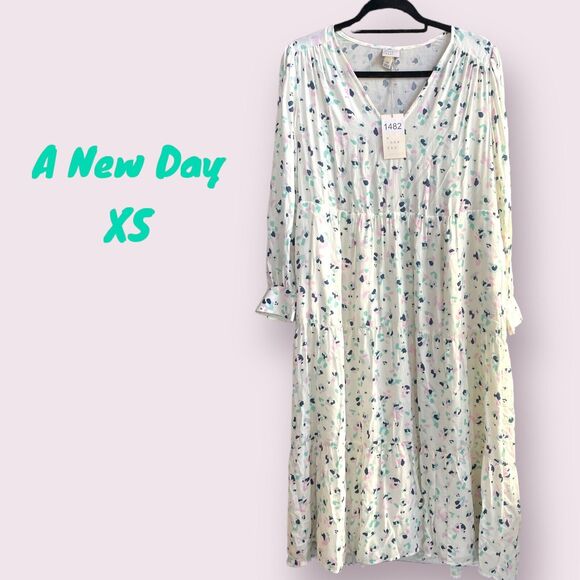 NWT A NEW DAY CREAM LONG SLEEVE MIDI DRESS XS ABSTRACT PINK TEAL BLUE‎ POCKETS - Picture 1 of 7